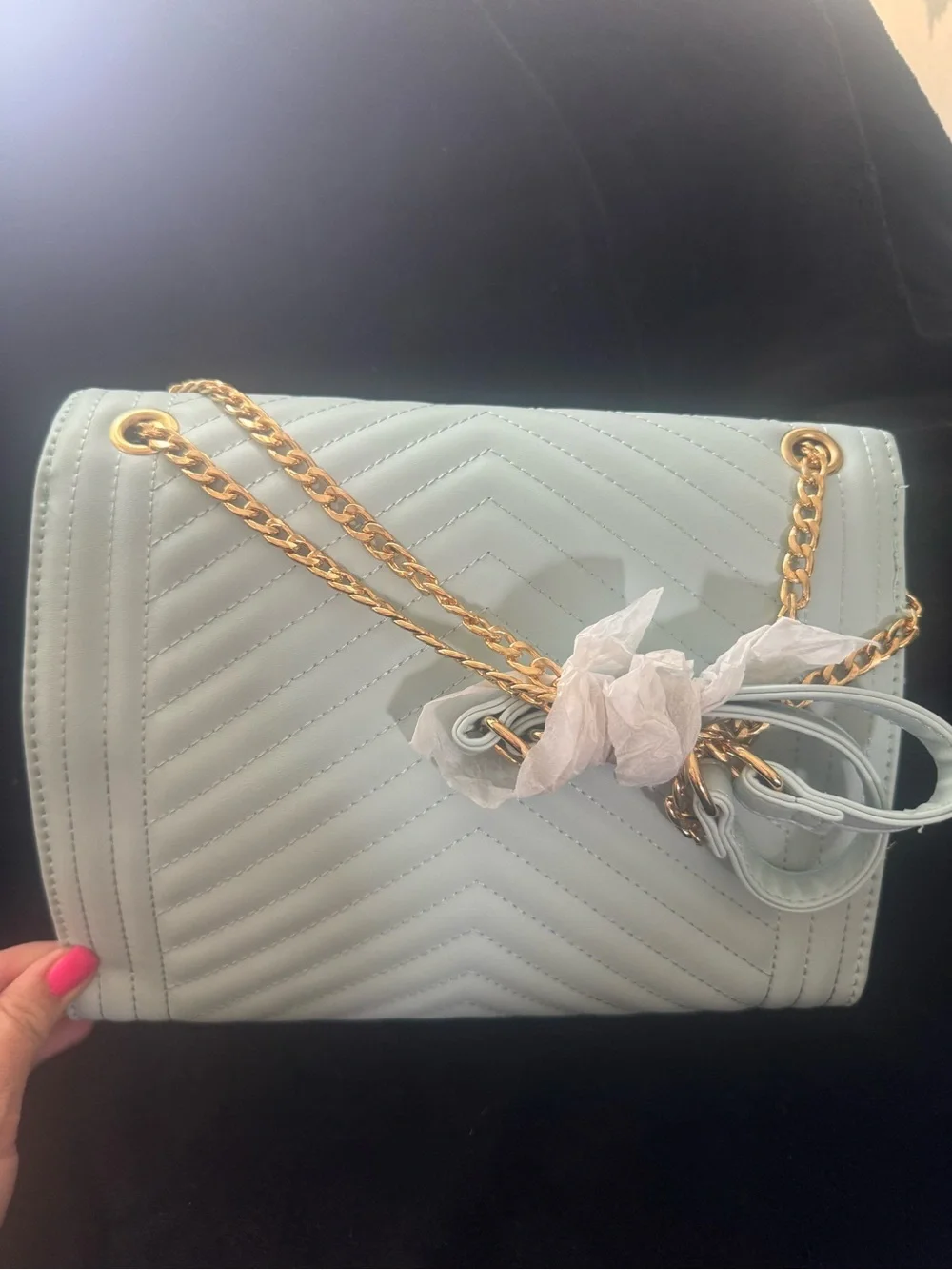 Quilted Chevron Flap Shoulder Bag with Wristlet - Pale Blue vegan leather